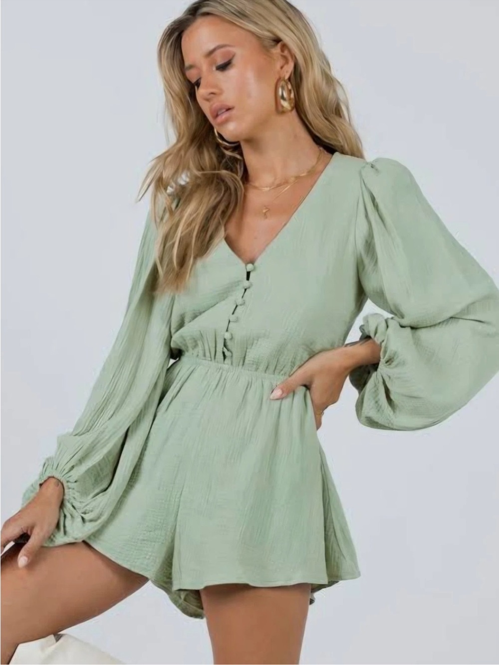 Princess Polly Sage Green Long Sleeve Romper